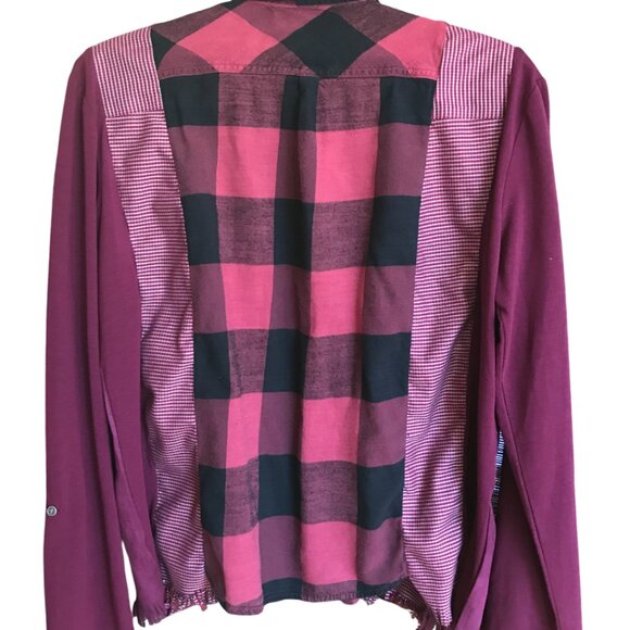 Upcycled Patchwork Flannel Shirt, Size M: Mixed Print Button-Down Magenta Blouse - Picture 10 of 11
